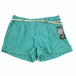 NWT Sequin Hearts Polka Dot Print Belted Chino Shorts Size 11 Womens Teal Green